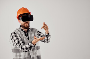 male builder in virtual reality glasses innovation studio industry