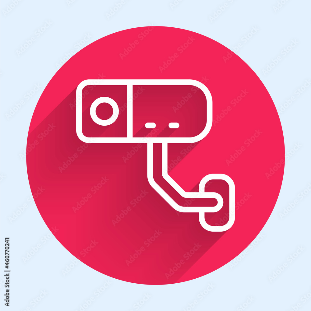 Poster white line security camera icon isolated with long shadow. red circle button. vector