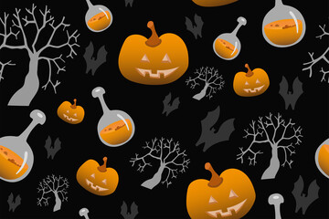 Seamless pattern happy halloween party. Endless background with flask with potion, pumpkin, black bat, gray tree. Hand drawing vector clip art graphic elements for creative design, printable decor.
