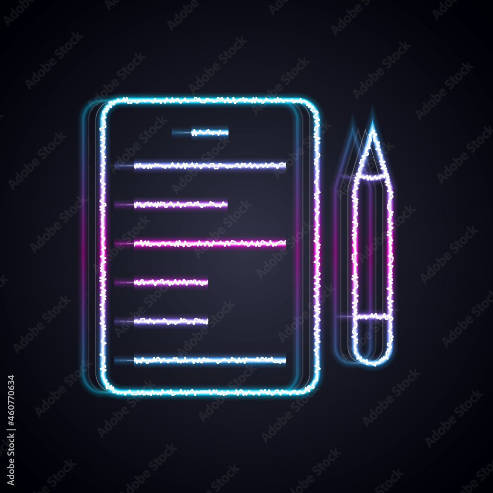Aufkleber glowing neon line scenario icon isolated on black background. script reading concept for art project