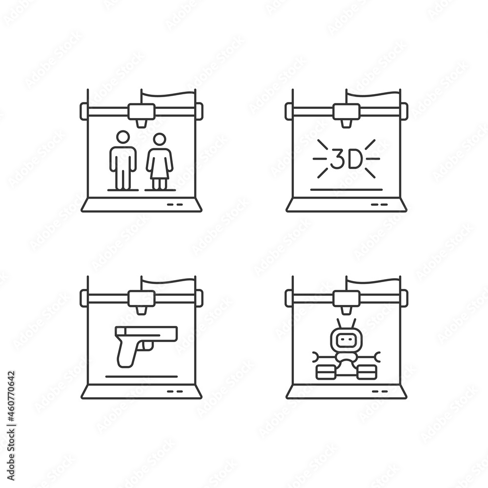 Poster produce 3d models linear icons set. three dimensional object fabrication. weapon manufacture. custom