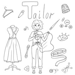Sketch Alphabet Profession set. Learn letters with professions. Illustrator for T letter. Perfect for education, books, abc, template card, posters, coloring, your project and much more. Tailor.