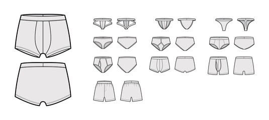 Set of mens briefs underwear technical fashion illustration with elastic waistband, Athletic-style skin-tight. Flat Trunk lingerie template front, back, grey color. Women unisex swimsuit CAD mockup - obrazy, fototapety, plakaty
