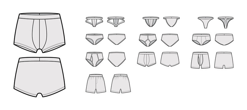 Set of mens briefs underwear technical fashion illustration with elastic waistband, Athletic-style skin-tight. Flat Trunk lingerie template front, back, grey color. Women unisex swimsuit CAD mockup