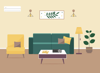 Living room interior with sofa,
armchair, coffee table, floor lamp and flowerpot. Vector illustration in flat style