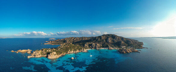 View from above, aerial shot, stunning panoramic view of Spargi Island with Cala Corsara, a white...