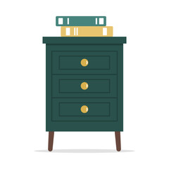 Green bedside table with books isolated on white background. Icon or individual design element. Vector illustration in flat style.