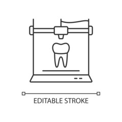 3d printing for dentistry linear icon. Dental implants production. Innovation in medical field. Thin line customizable illustration. Contour symbol. Vector isolated outline drawing. Editable stroke