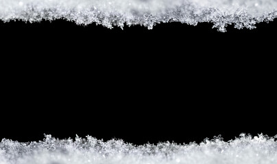 Natural snow texture with snowflakes close-up, isolated on black background with space for text in the center. Template for holiday gift cards. Macro texture of snow. Big large size. - 460771271