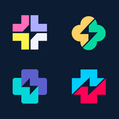 Collection of crosses with flash inside vector logo template. Universal colorful medicine, health, pharmacy design logotype symbol.