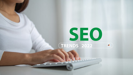 SEO, Search Engine Optimization trends 2022, Ranking traffic website internet business technology concept. Text 