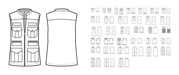 Foto op Canvas Set of vests waistcoat technical fashion illustration with sleeveless, pockets, fitted oversized body. Flat casual top apparel template front, back, white color style. Women, men, unisex CAD mockup © Vectoressa