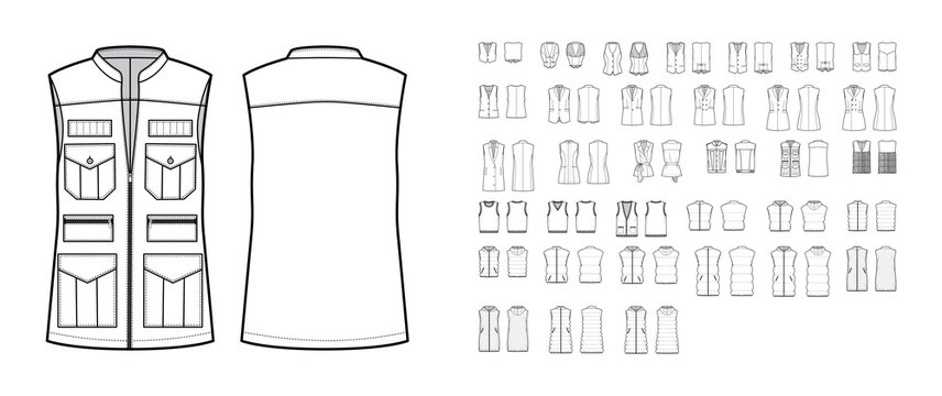 Set of vests waistcoat technical fashion illustration with sleeveless, pockets, fitted oversized body. Flat casual top apparel template front, back, white color style. Women, men, unisex CAD mockup