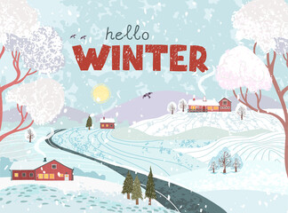 Vector greeting card with colorful illustration of nature winter landscape with a house in the Scandinavian style. Use it as poster, postcard, brochure, card, banner, graphic design