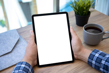 male hand holding computer tablet with isolated screen in office