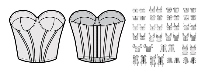 Set of corsets Bustier longline bra lingerie technical fashion illustration with molded cup, bones, crop hip length. Flat brassiere template front back grey color style. Women men underwear CAD mockup
