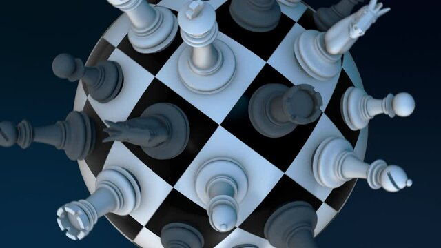 spherical chess board with pieces - the chess board is spinning, top view, seamless loop, luma matte for background replacement (3d render)