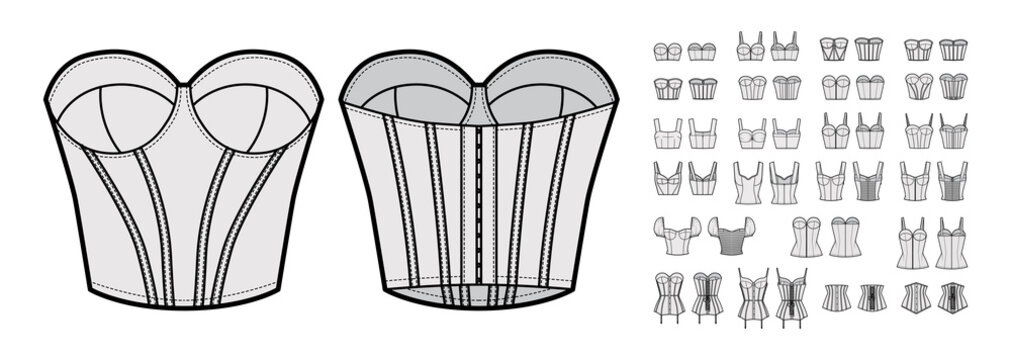 Set of corsets Bustier longline bra lingerie technical fashion illustration with molded cup, bones, crop hip length. Flat brassiere template front back grey color style. Women men underwear CAD mockup