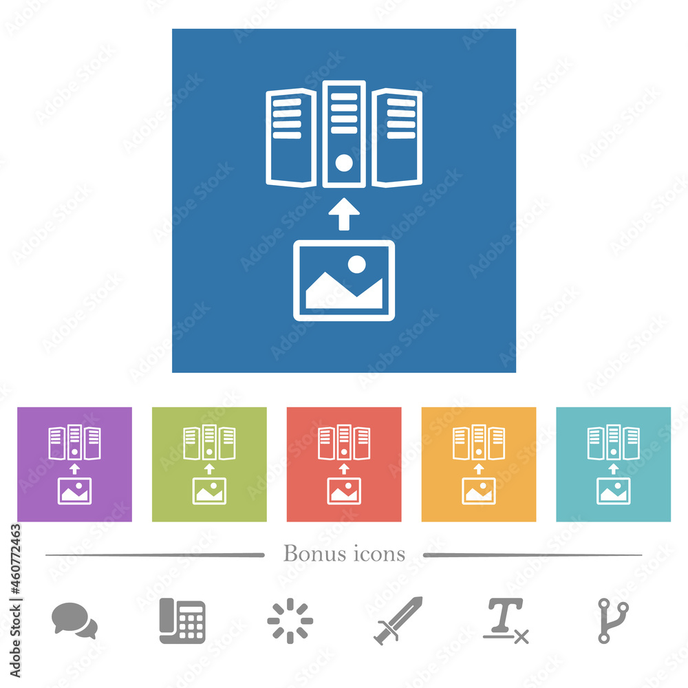 Poster upload image to server outline flat white icons in square backgrounds