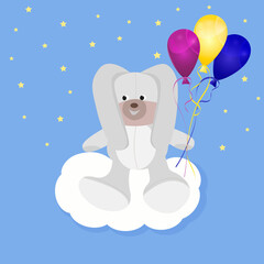 bunny for a children's postcard. Vector illustration of a hare sitting on a cloud in the sky among the stars and balloons in a paw. Banner, children's educational books and stories
