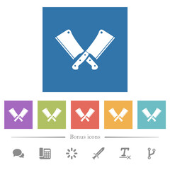 Two crossed meat cleavers flat white icons in square backgrounds