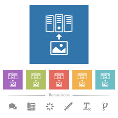 Upload image to server outline flat white icons in square backgrounds