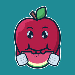 vector illustration of
 apple character eating water melon