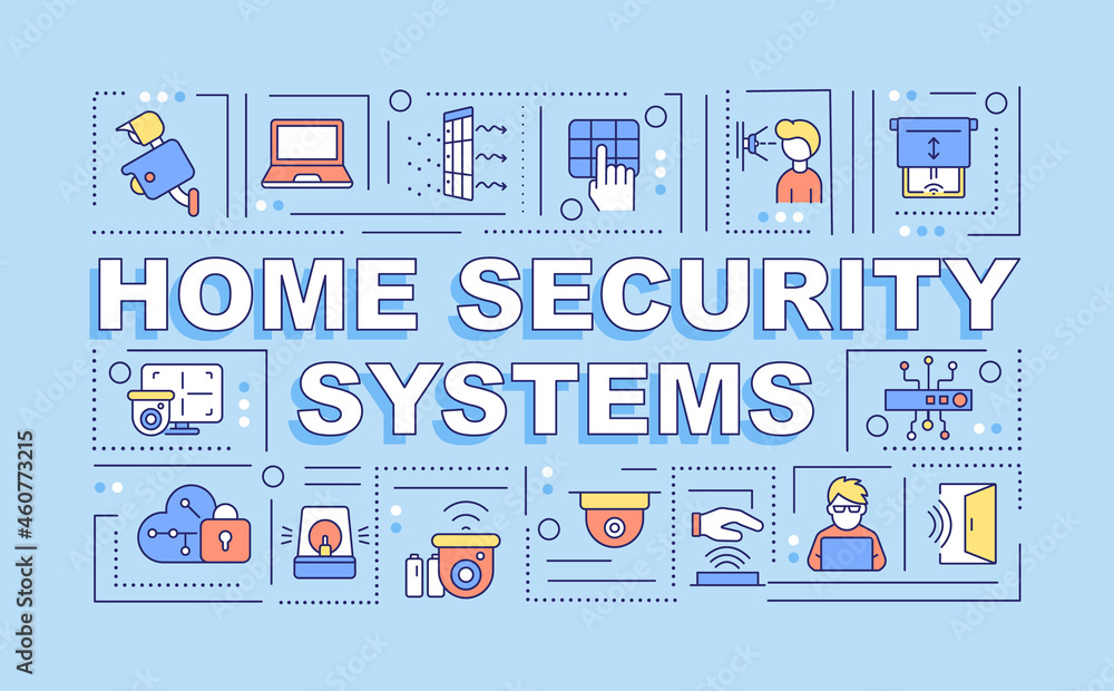 Poster home security systems word concepts banner. protection tools. infographics with linear icons on blue