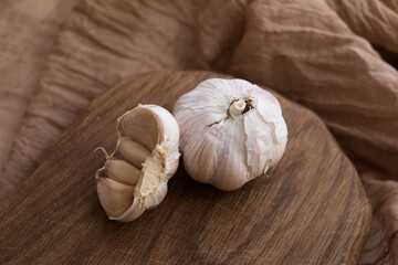 Garlic. chopped garlic, garlic clove, garlic onion on a wooden board.