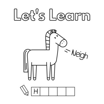 Cartoon horse learning game for small children - color and write the word. Vector coloring book pages for kids