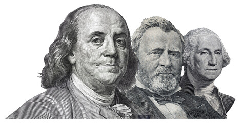 Benjamin Franklin, Ulysses S. Grant and  George Washington cut on 100, 50, 1 dollars banknote