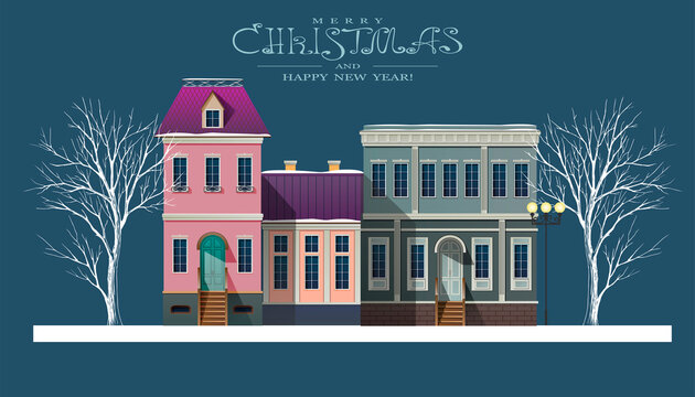 Christmas winter cityscape with beautiful buildings. Vector illustration.