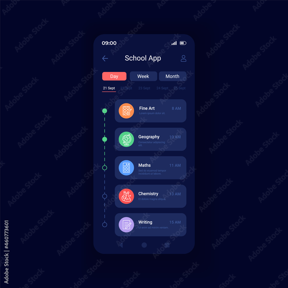 Poster learning courses list night mode smartphone interface vector template. studying remotely. mobile app