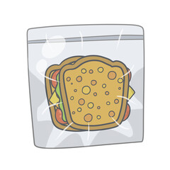 Sandwich in bag. Package with breakfast. School lunch in a zip lock bag. Cartoon illustration