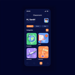 Online classes night mode smartphone interface vector template. Distance learning. Service for students. Mobile app page design layout. Remote education screen. Flat UI for application. Phone display