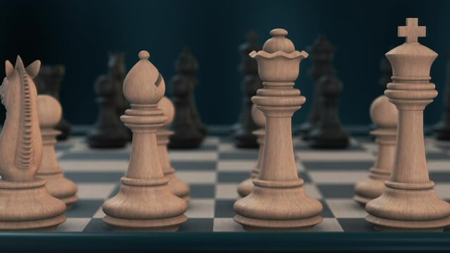 close-up of a chess board with pieces on start position, camera panning (3d render)