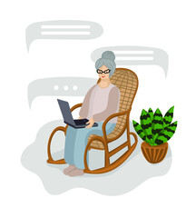 Happy grandma with laptop. Vector illustration in a flat style
