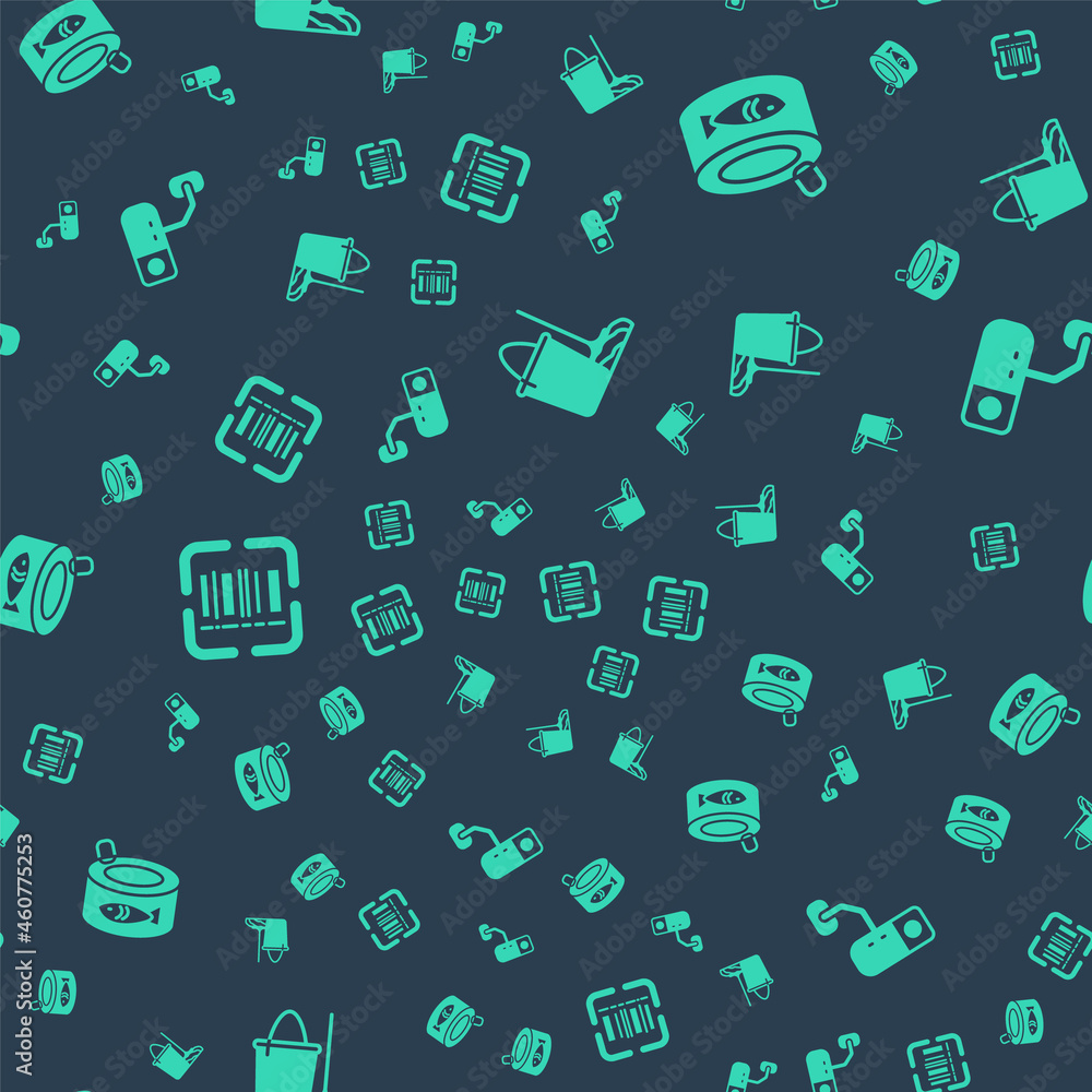 Poster set mop and bucket, canned fish, scanner scanning bar code and security camera on seamless pattern. 