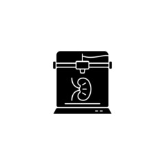 3d printed kidney black glyph icon. Developing 3d organ structure. Biomedical engineering. Transplantable artificial kidney. Silhouette symbol on white space. Vector isolated illustration