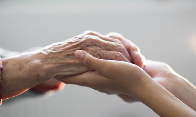 The hands of the child in the hands of the grandmother, the old brownish skin in the elderly woman,...