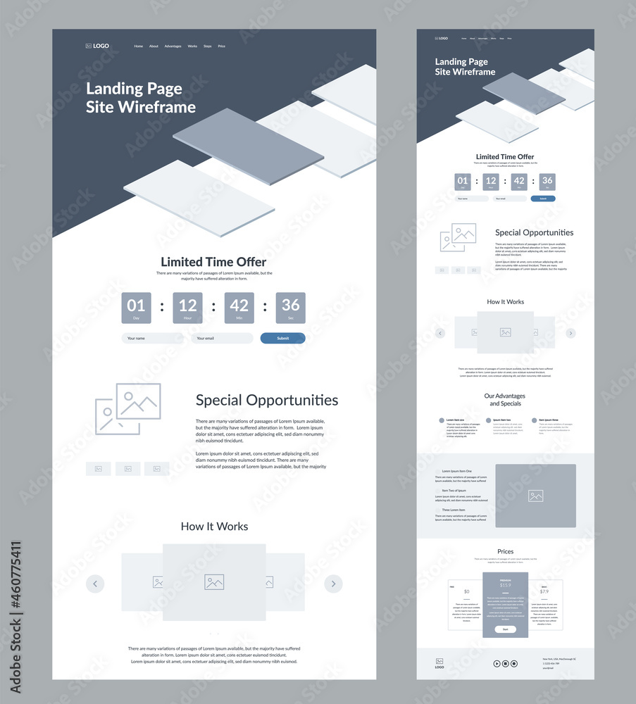 Poster website design template. landing page wireframe.