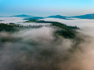 A thin morning fog covers the Ukrainian mountains. Green grass on the slopes of the mountains. A curly thin fog spreads over the mountains. Aerial drone view.