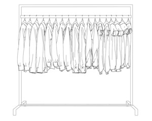 Outline of clothes hanging on a hanger isolated on white background. Clothes on a hanger in the store. Vector illustration