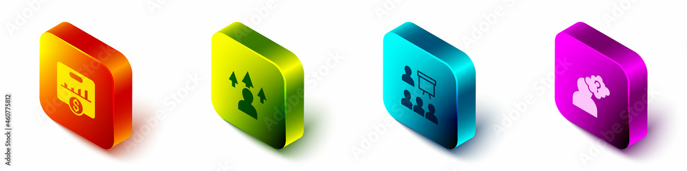 Poster set isometric key performance indicator, front end development, training, presentation and head with