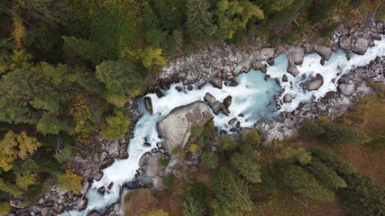river in the mountains, Aerial Vertical View Over The Surface Of A Mountain River 
