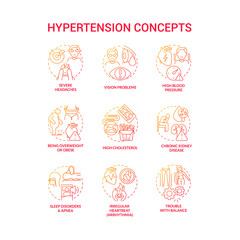 Fototapeta na wymiar Hypertension concept icons set. High blood pressure condition idea thin line color illustrations. Chronic kidney disease. Sleep disorders. High cholesterol. Vector isolated outline drawings
