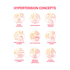 Hypertension concept icons set. High blood pressure condition idea thin line color illustrations. Chronic kidney disease. Sleep disorders. High cholesterol. Vector isolated outline drawings