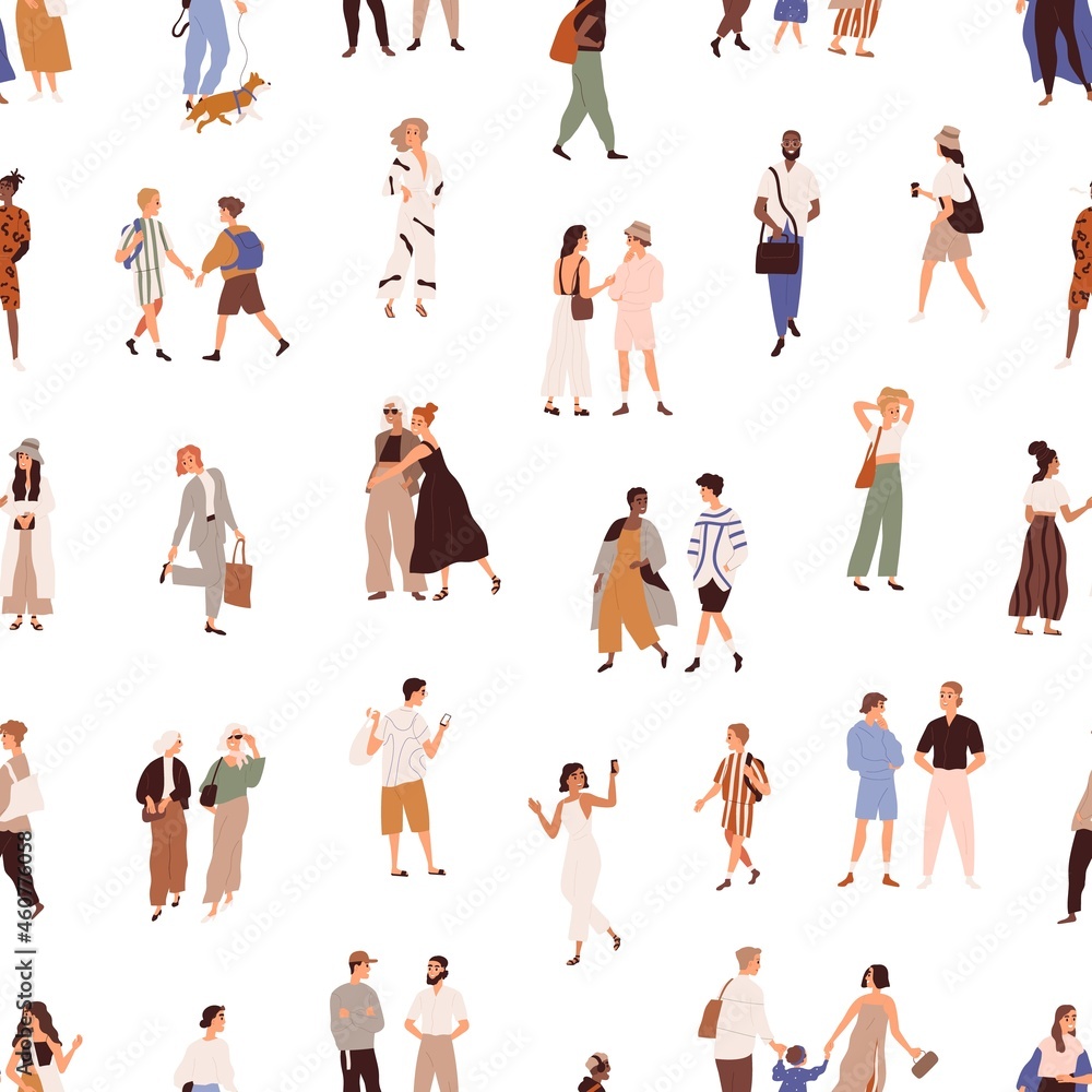 Poster seamless pattern with people outdoors on white background. texture design with crowd of characters o