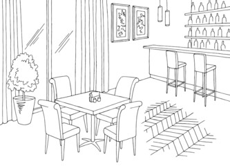 Cafe interior restaurant bar graphic black white sketch illustration vector 