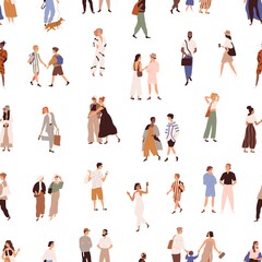 Seamless pattern with people outdoors on white background. Texture design with crowd of characters on city street, walking on different businesses. Colored flat vector illustration for printing